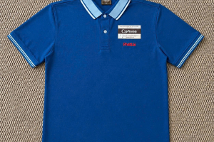 ÁO THUN POLO ĐỒNG PHỤC MÀU XANH DƯƠNG CỔ PHỐI XÁM THÊU LOGO PHÁT TÀI