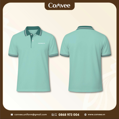 ÁO THUN POLO ĐỒNG PHỤC MÀU XANH MINT PHỐI BO CỔ TAY CAO CẤP