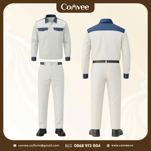 Bộ Đồng Phục Bảo Hộ Lao Động Phối Xanh Navy Trắng Thanh Lịch