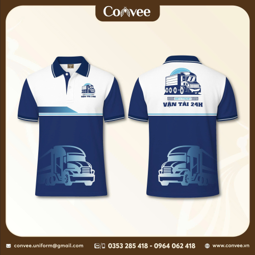 ÁO POLO ĐỒNG PHỤC VẬN TẢI 24H XANH NAVY PHỐI TRẮNG CHUYÊN NGHIỆP