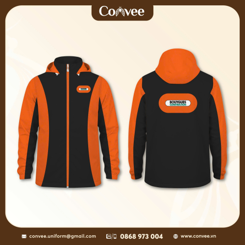 ÁO KHOÁC ĐỒNG PHỤC BOUYGUES PHỐI CAM ĐEN CÓ NÓN