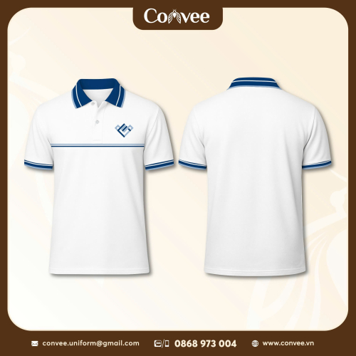 Áo Thun Đồng Phục Polo Trắng Viền Xanh In Logo Doanh Nghiệp