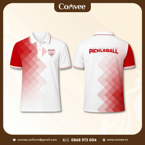 ÁO THUN PICKLEBALL THIẾT KẾ TRẮNG ĐỎ PHỐI HỌA TIẾT HÌNH HỌC CAO CẤP