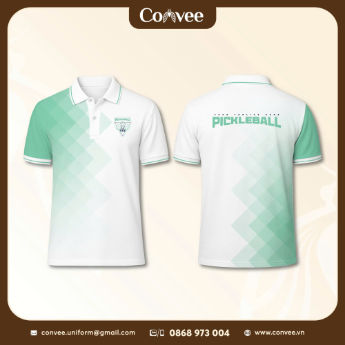 ÁO THUN POLO PICKLEBALL THIẾT KẾ XANH MINT TRẮNG CAO CẤP IN THEO YÊU CẦU