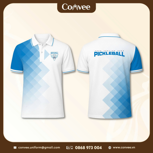 ÁO POLO PICKLEBALL THIẾT KẾ TRẮNG XANH CAO CẤP IN CHUYỂN NHIỆT THEO YÊU CẦU