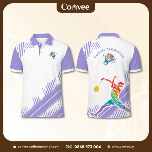 ÁO THUN POLO CẦU LÔNG THIẾT KẾ MÀU TRẮNG TÍM CAO CẤP CONVEE BADMINTON