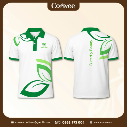 ÁO THUN ĐỒNG PHỤC POLO BUTTERFLY BEAUTY MÀU TRẮNG PHỐI XANH CAO CẤP