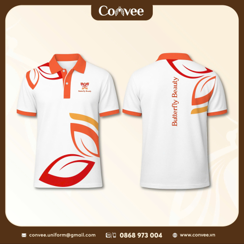 ÁO THUN ĐỒNG PHỤC POLO BUTTERFLY BEAUTY TRẮNG CAM CAO CẤP