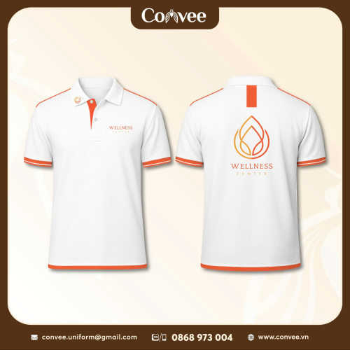 ÁO THUN ĐỒNG PHỤC WELLNESS CENTER MÀU TRẮNG PHỐI CAM CAO CẤP