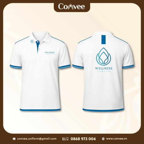 ÁO THUN ĐỒNG PHỤC WELLNESS CENTER CAO CẤP MÀU TRẮNG VIỀN XANH