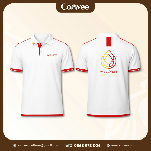 ÁO THUN ĐỒNG PHỤC WELLNESS CENTER CAO CẤP MÀU TRẮNG PHỐI ĐỎ
