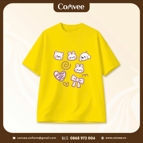 ÁO THUN UNISEX MÀU VÀNG HỌA TIẾT GẤU THỎ CUTE PHONG CÁCH HÀN QUỐC