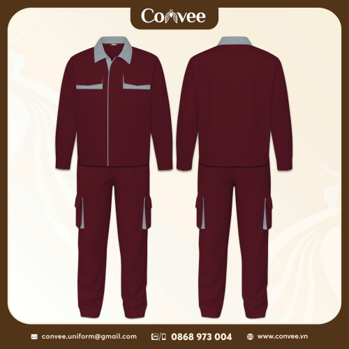 QUẦN ÁO BẢO HỘ LAO ĐỘNG MÀU ĐỎ ĐÔ PHỐI XÁM CAO CẤP CONVEE
