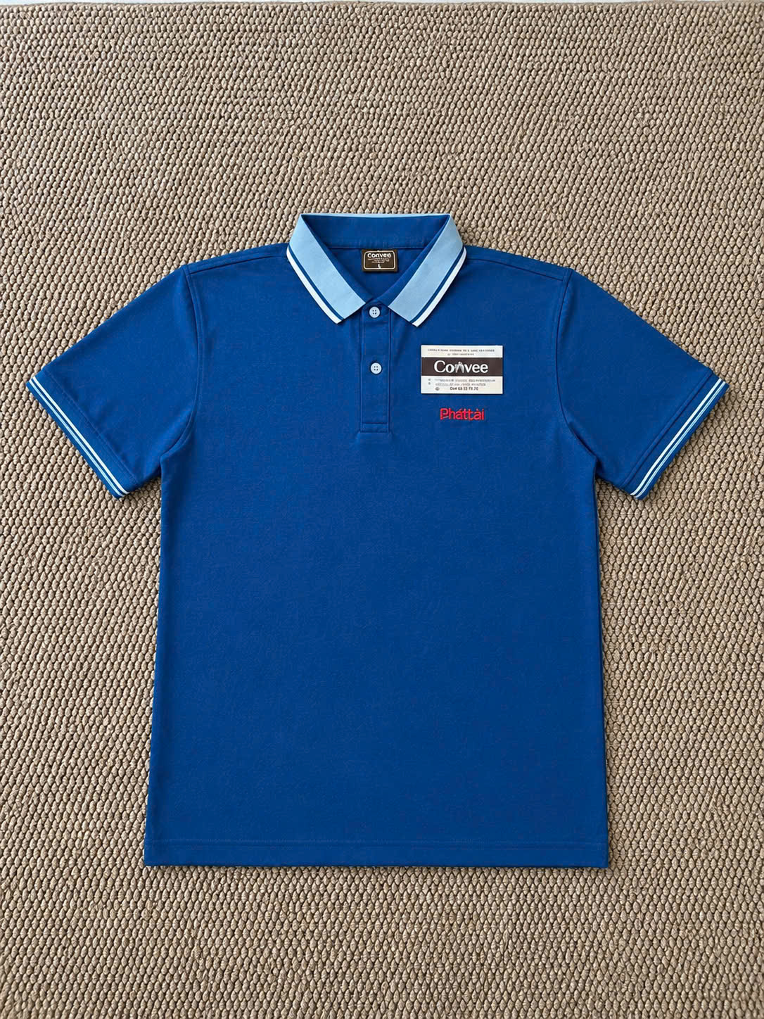 ÁO THUN POLO ĐỒNG PHỤC MÀU XANH DƯƠNG CỔ PHỐI XÁM THÊU LOGO PHÁT TÀI