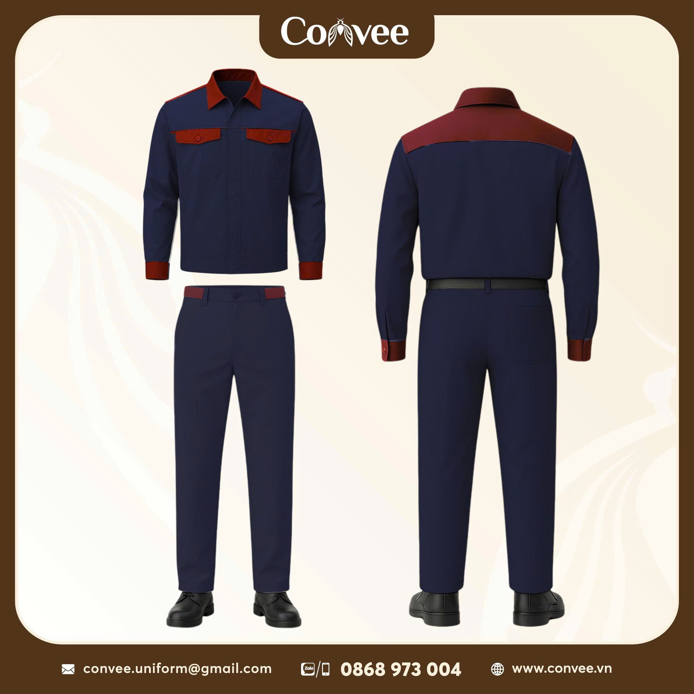 Đồng Phục Bảo Hộ Lao Động Phối Đỏ Đô Xanh Navy Chuyên Nghiệp