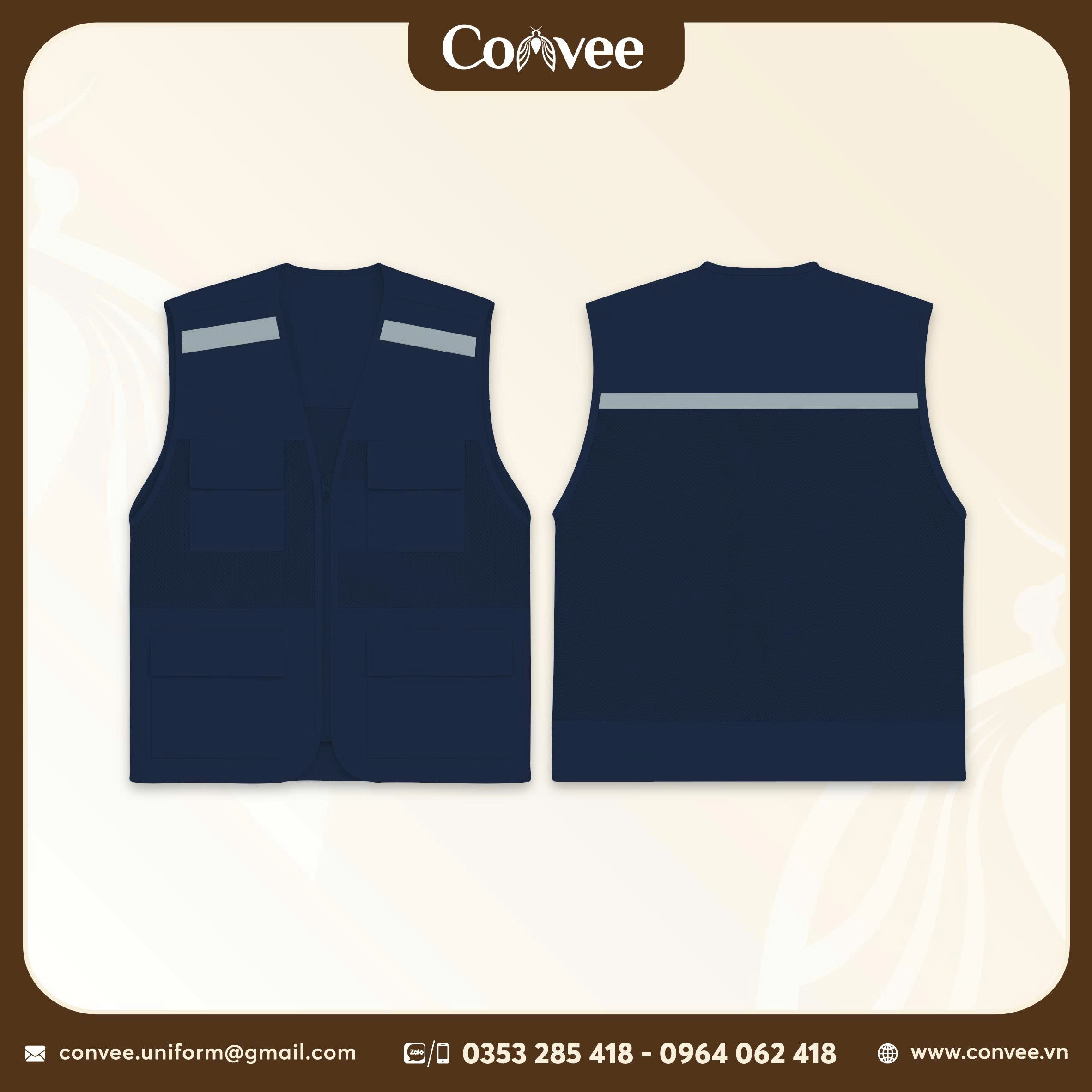 ÁO GILE BẢO HỘ XANH NAVY PHỐI LƯỚI PHẢN QUANG NHIỀU TÚI