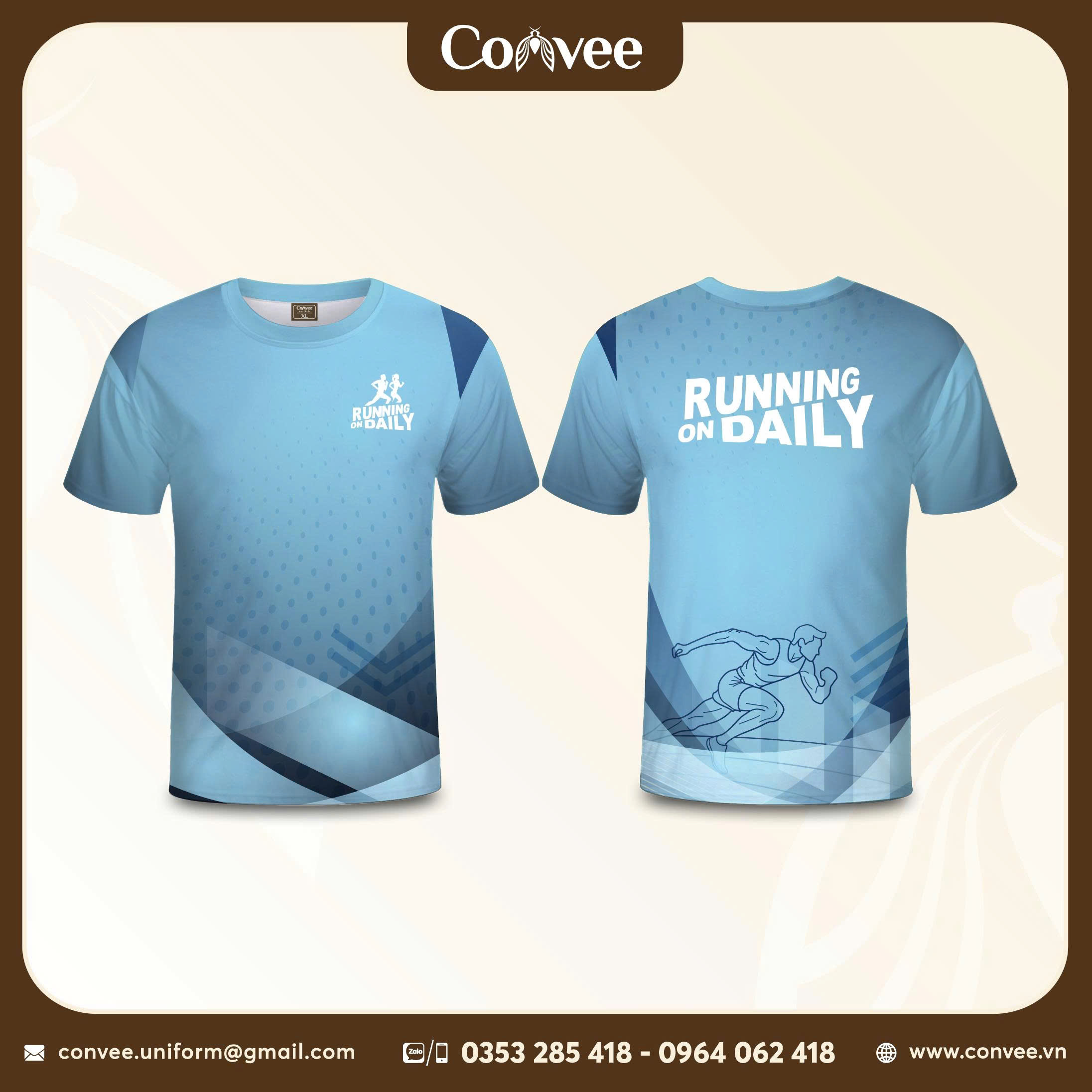 ÁO THUN CHẠY BỘ RUNNING ON DAILY XANH DƯƠNG PHỐI HỌA TIẾT THỂ THAO