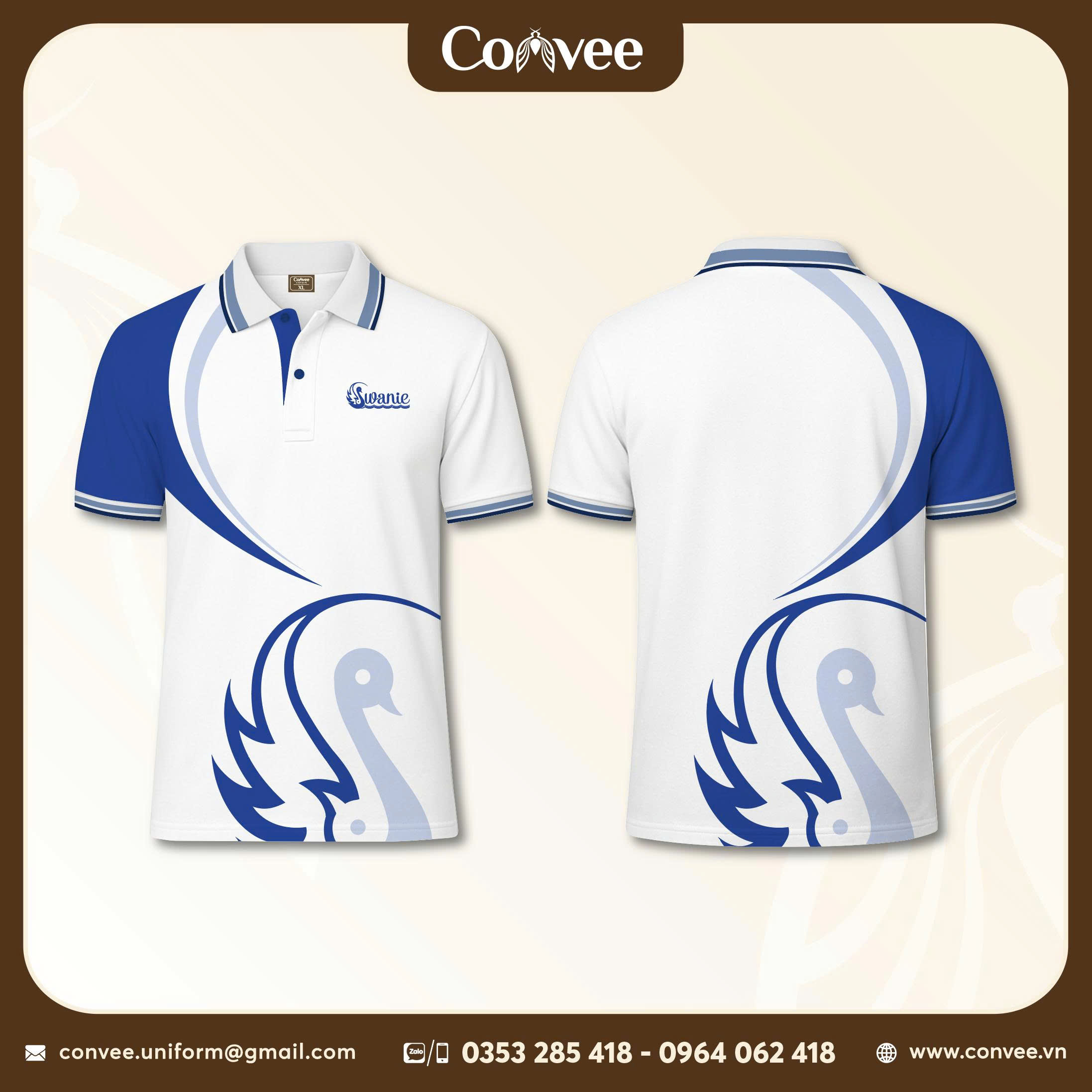 ÁO POLO ĐỒNG PHỤC SWANIE TRẮNG PHỐI XANH HỌA TIẾT THIÊN NGA