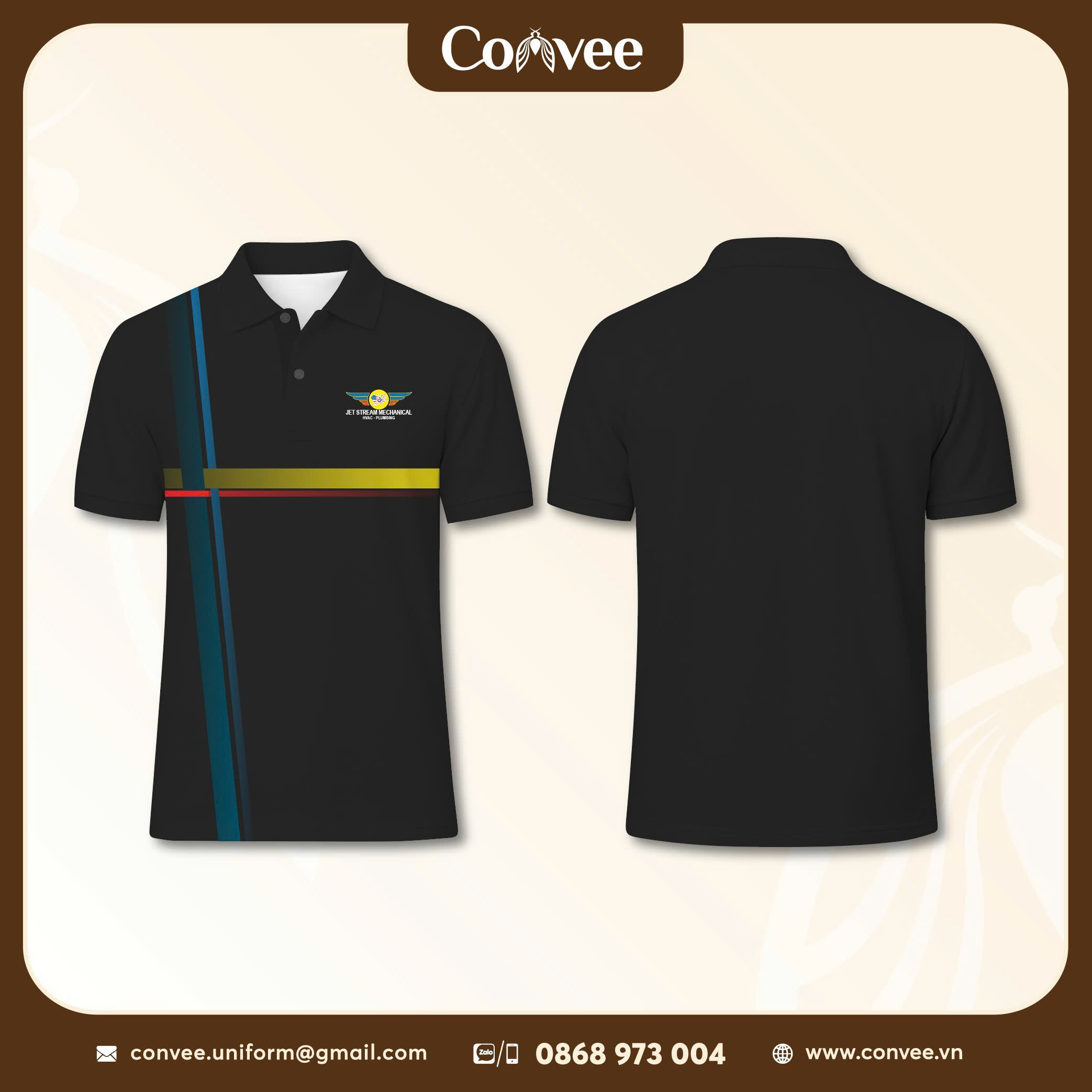 ÁO THUN ĐỒNG PHỤC POLO MÀU ĐEN PHỐI SỌC XANH VÀNG ĐỎ CAO CẤP CHO DOANH NGHIỆP