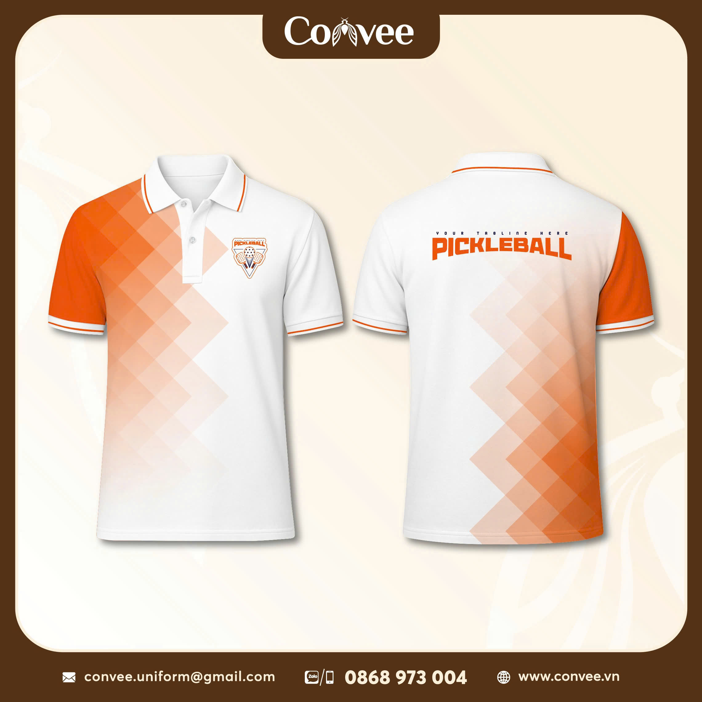 ÁO POLO PICKLEBALL TRẮNG CAM THIẾT KẾ HIỆN ĐẠI CAO CẤP DÀNH CHO ĐỘI NHÓM