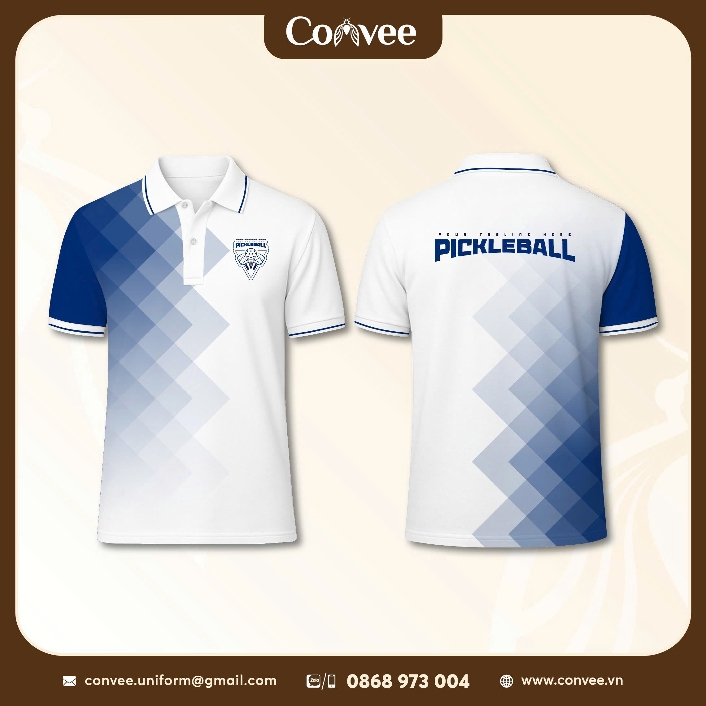 ÁO POLO PICKLEBALL TRẮNG PHỐI XANH HỌA TIẾT HÌNH HỌC CAO CẤP THỂ THAO