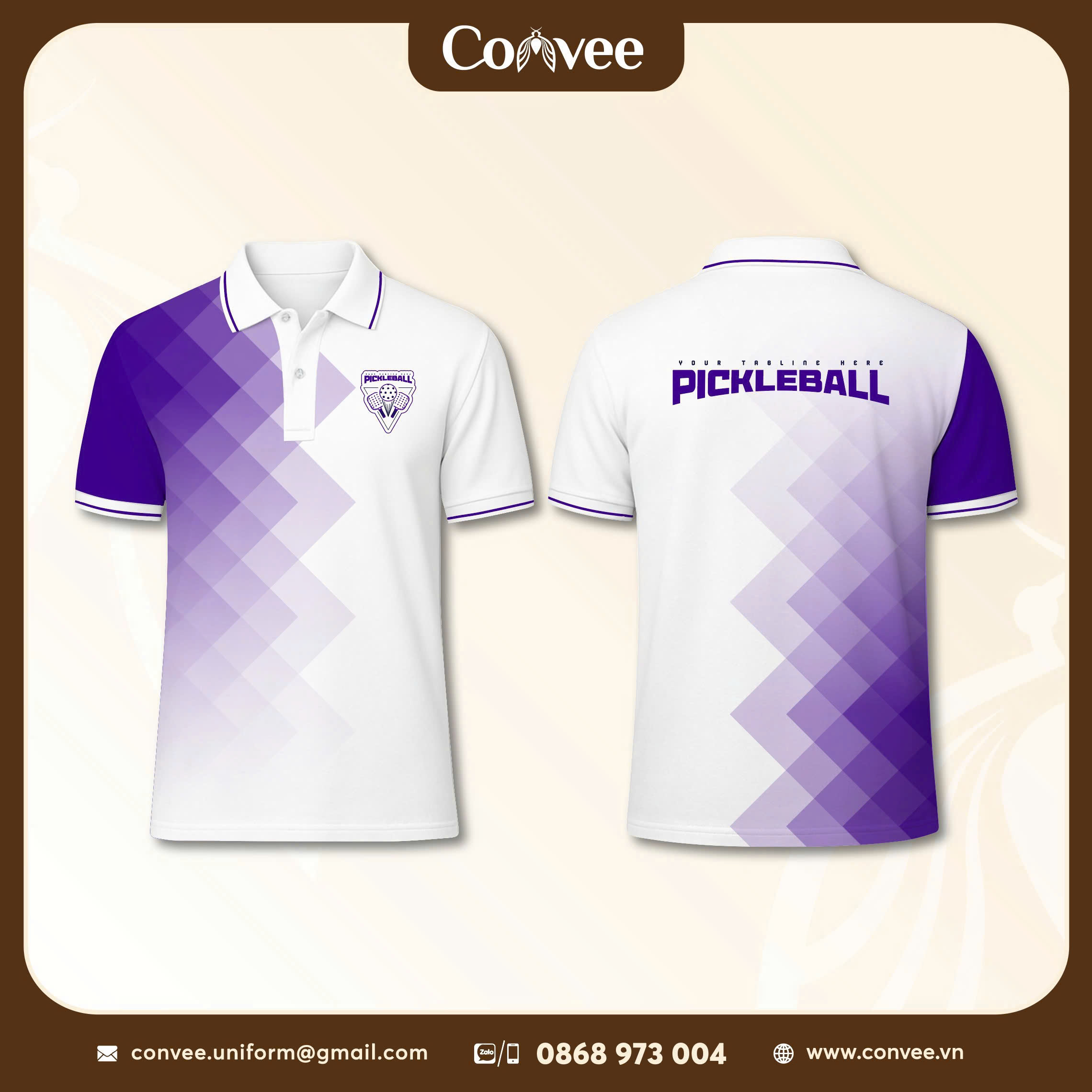 ÁO POLO PICKLEBALL TRẮNG PHỐI TÍM THIẾT KẾ HIỆN ĐẠI IN THEO YÊU CẦU