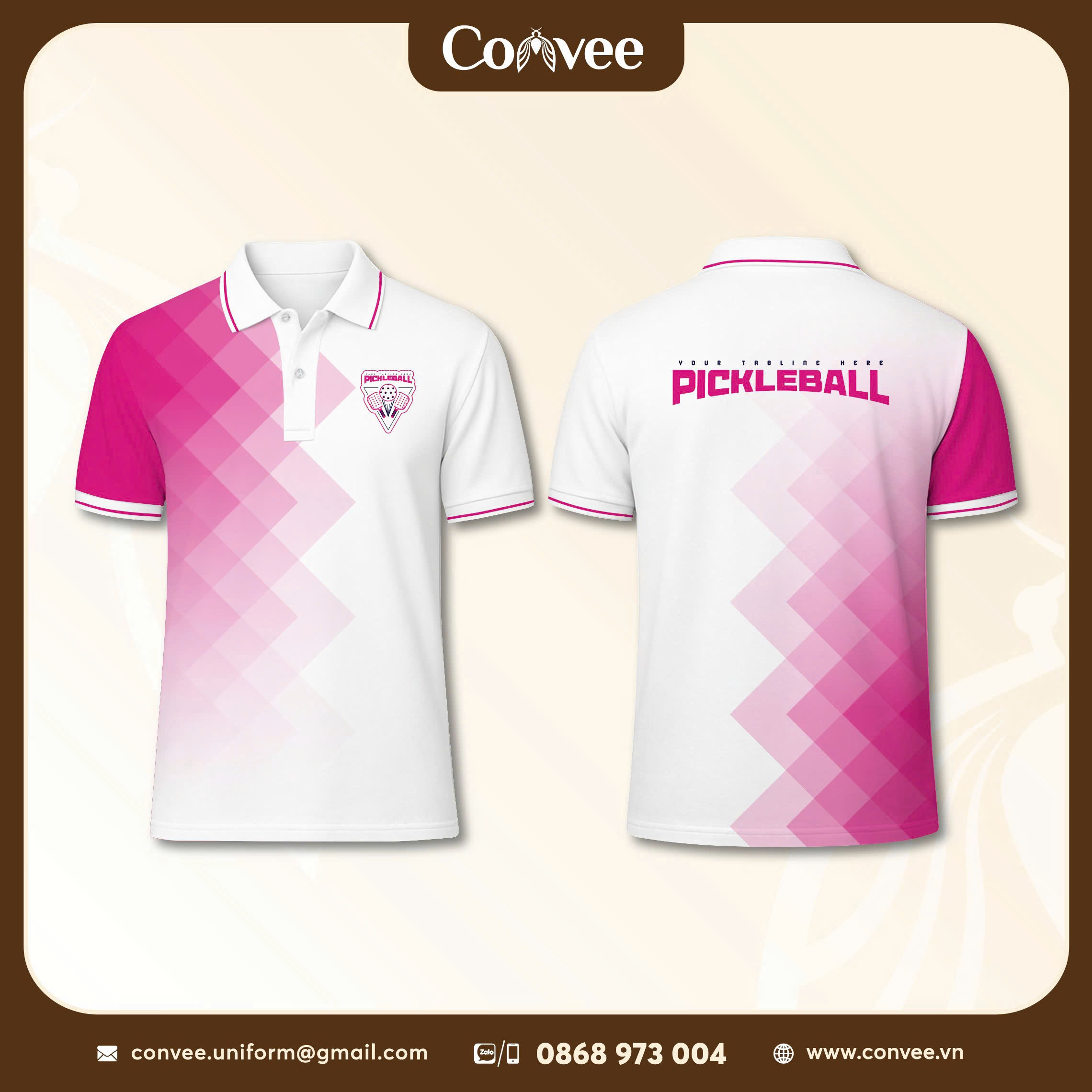 ÁO POLO PICKLEBALL TRẮNG PHỐI HỒNG HỌA TIẾT HÌNH HỌC CAO CẤP