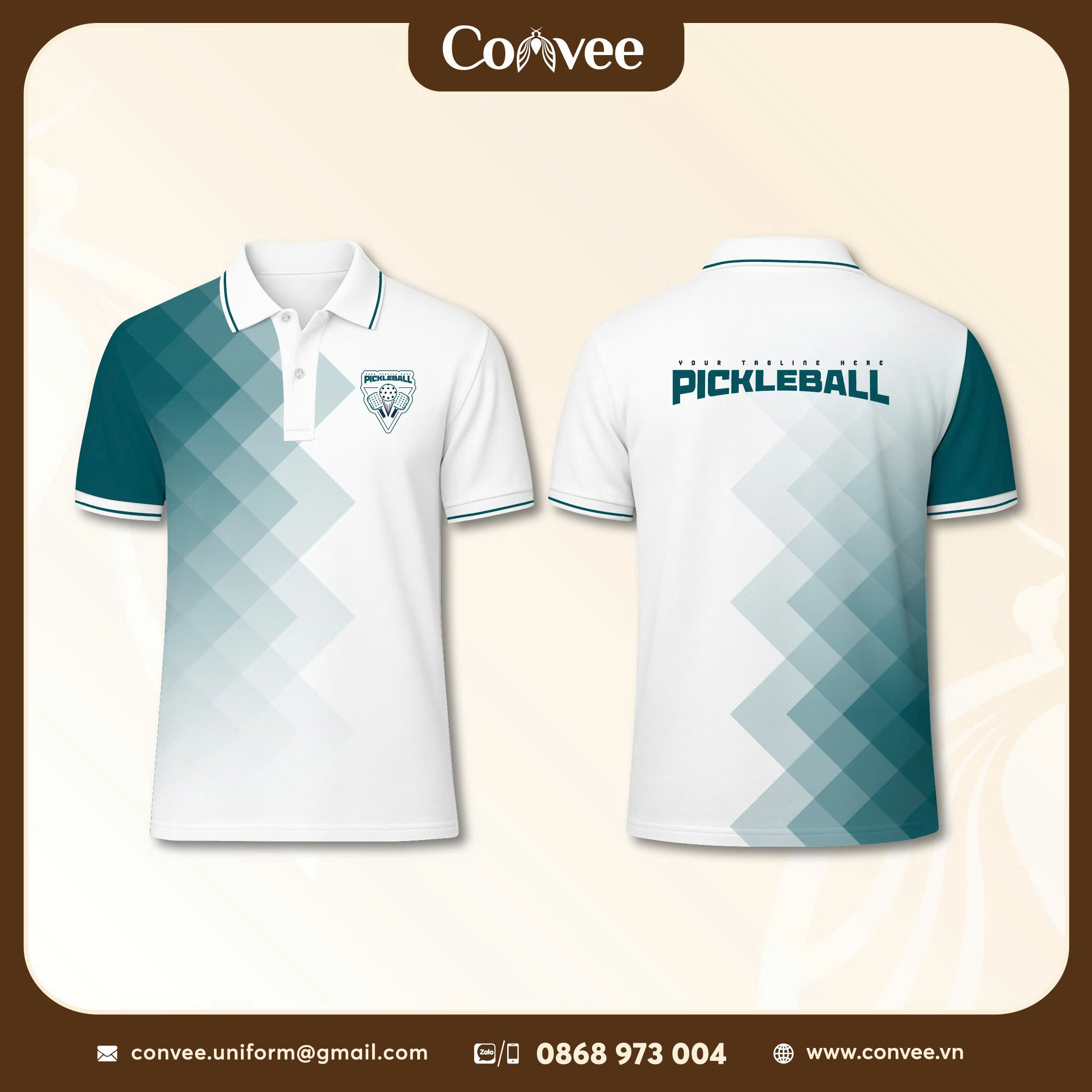 ÁO THUN PICKLEBALL THIẾT KẾ TRẮNG PHỐI XANH HỌA TIẾT HÌNH HỌC CAO CẤP