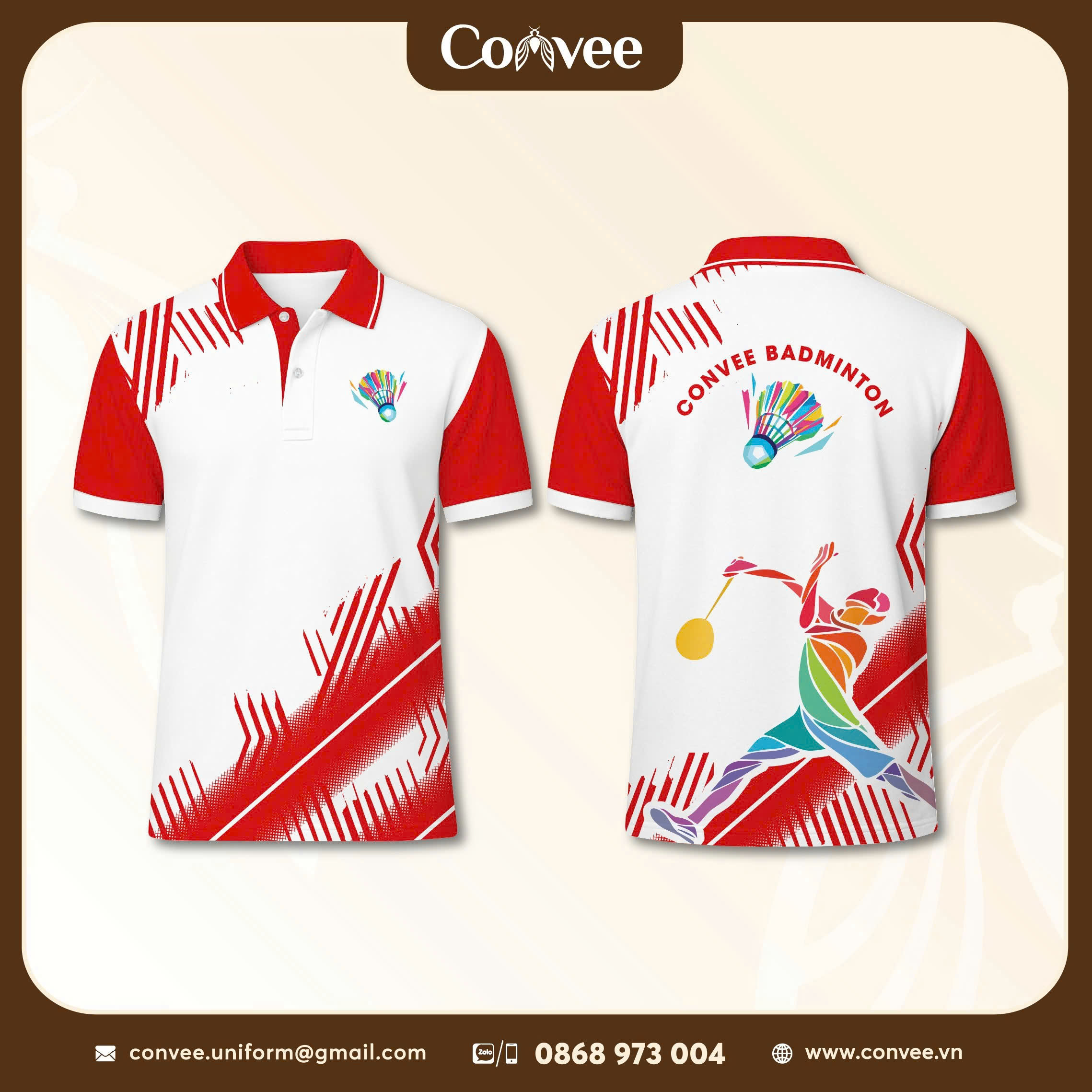 ÁO CẦU LÔNG THIẾT KẾ TRẮNG ĐỎ CONVEE BADMINTON IN 3D CAO CẤP