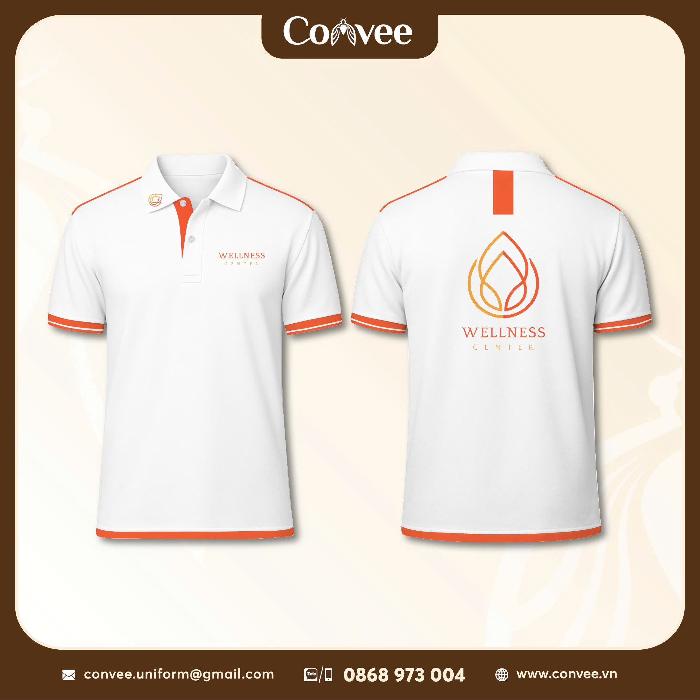 ÁO THUN ĐỒNG PHỤC WELLNESS CENTER MÀU TRẮNG PHỐI CAM CAO CẤP
