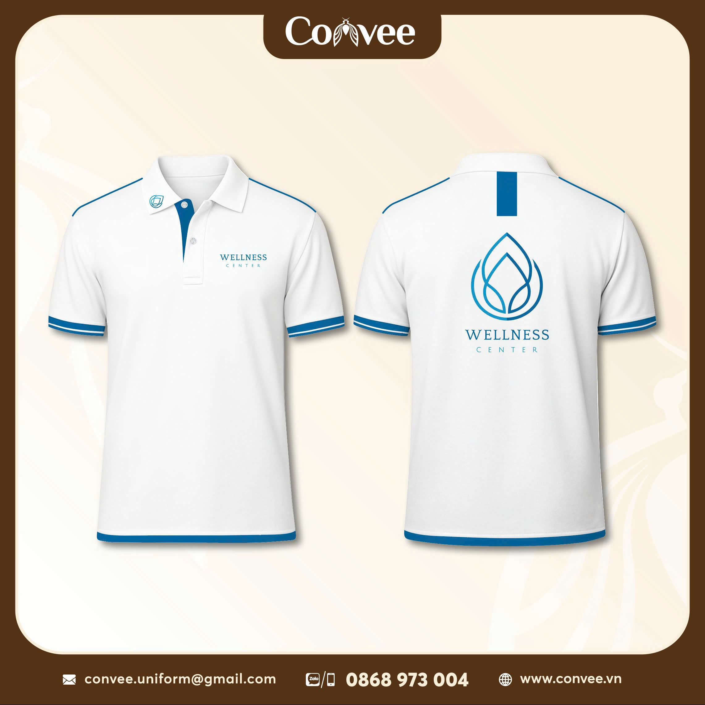 ÁO THUN ĐỒNG PHỤC WELLNESS CENTER CAO CẤP MÀU TRẮNG VIỀN XANH