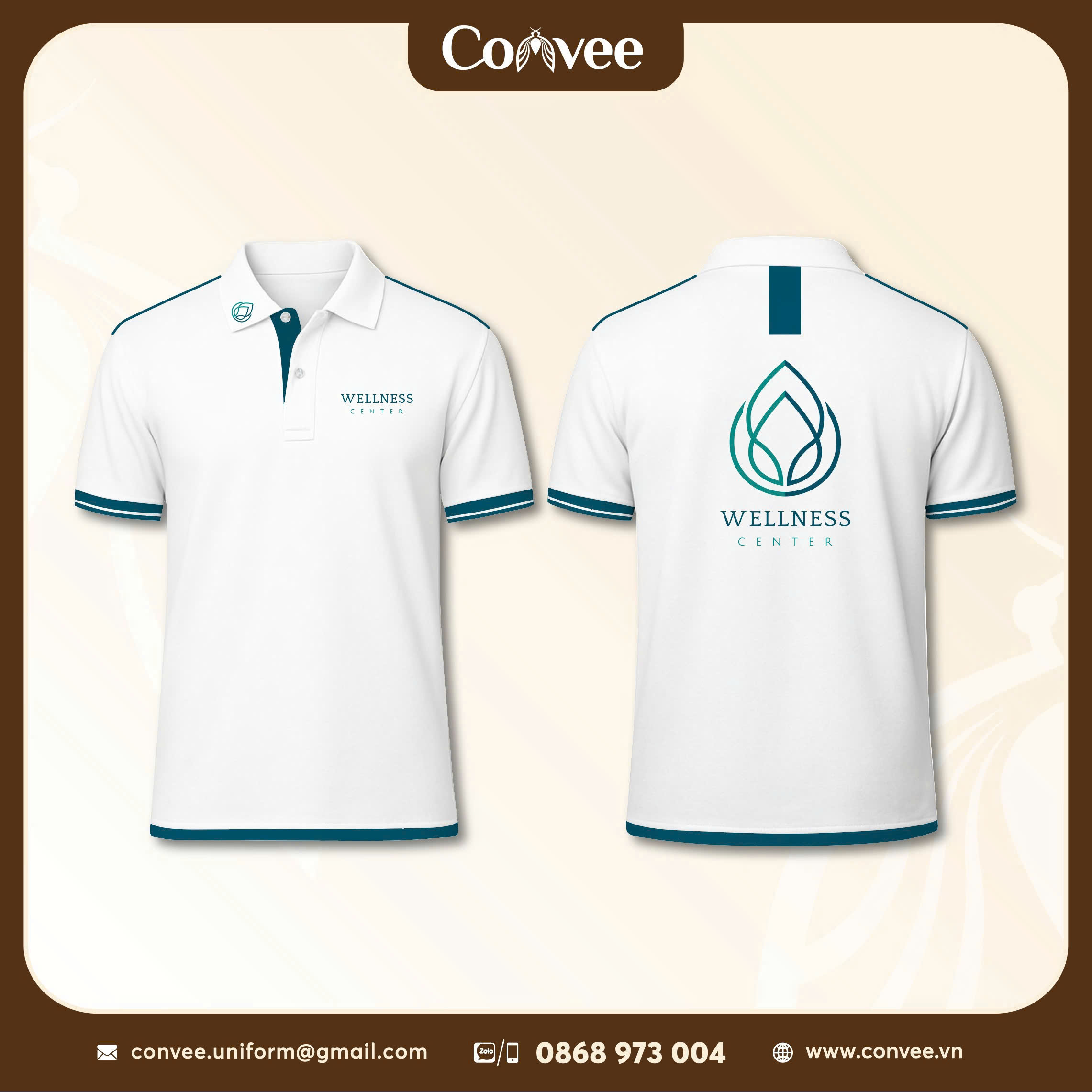 ÁO THUN ĐỒNG PHỤC WELLNESS CENTER CAO CẤP MÀU TRẮNG PHỐI XANH