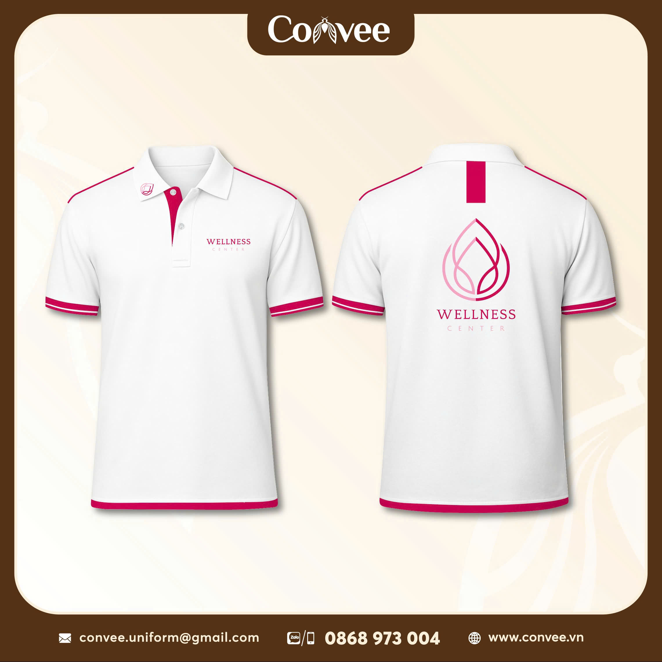 ÁO THUN ĐỒNG PHỤC WELLNESS CENTER CAO CẤP MÀU TRẮNG PHỐI HỒNG