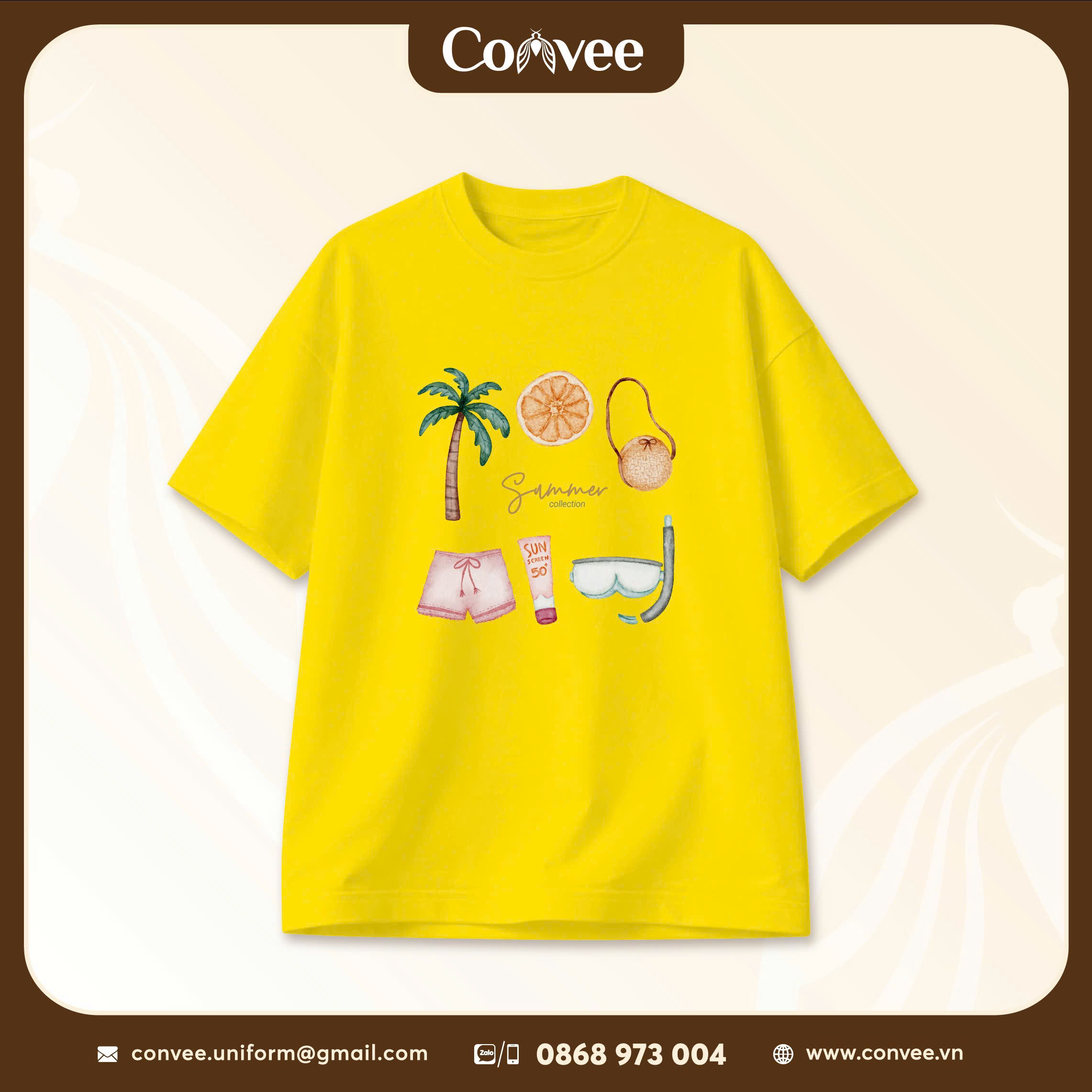 ÁO THUN OVERSIZE SUMMER COLLECTION MÀU VÀNG IN HỌA TIẾT BIỂN NHIỆT ĐỚI