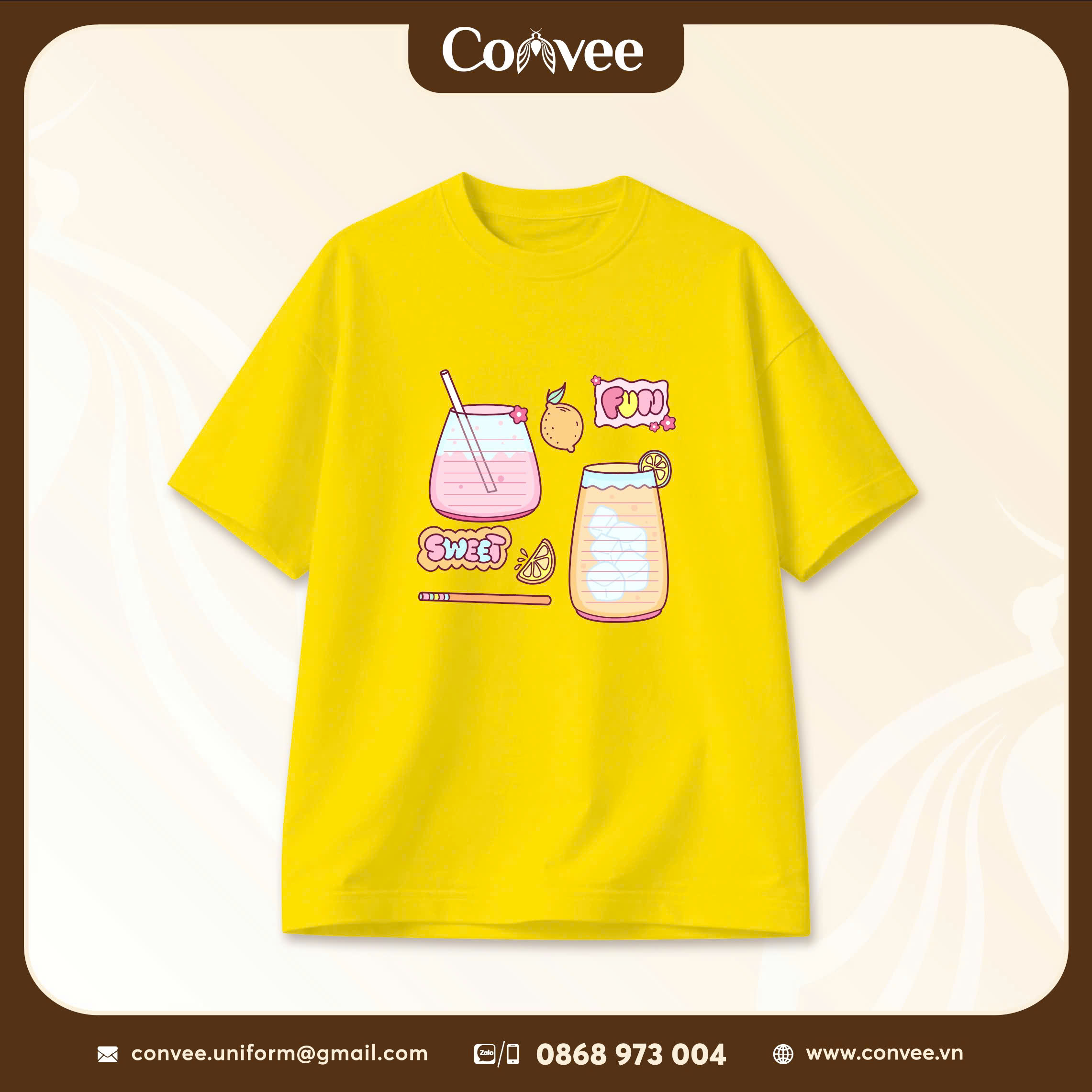 ÁO THUN OVERSIZE MÀU VÀNG HỌA TIẾT LY NƯỚC SWEET PHONG CÁCH HÀN QUỐC