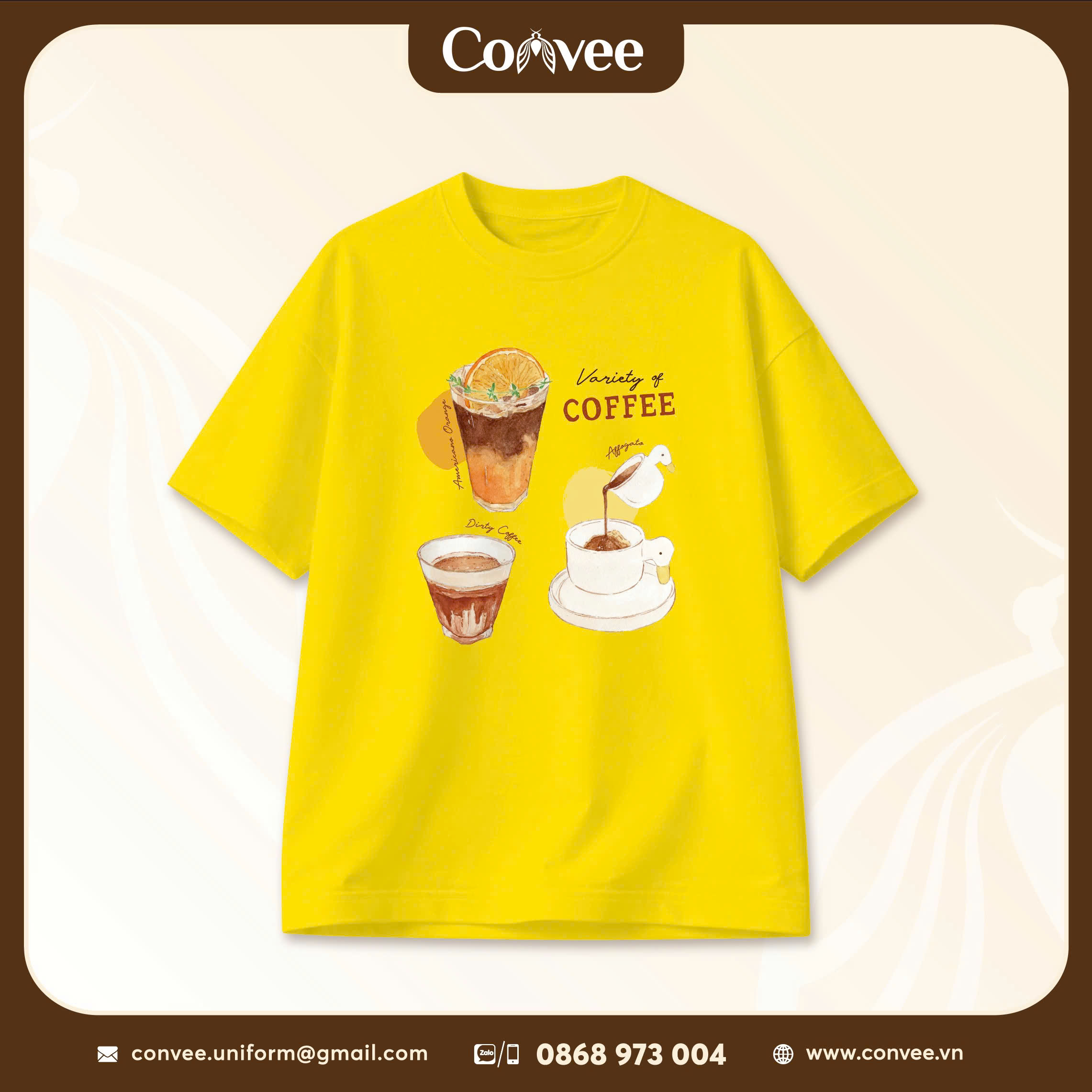 ÁO THUN OVERSIZE MÀU VÀNG IN HÌNH VARIETY OF COFFEE PHONG CÁCH HÀN QUỐC