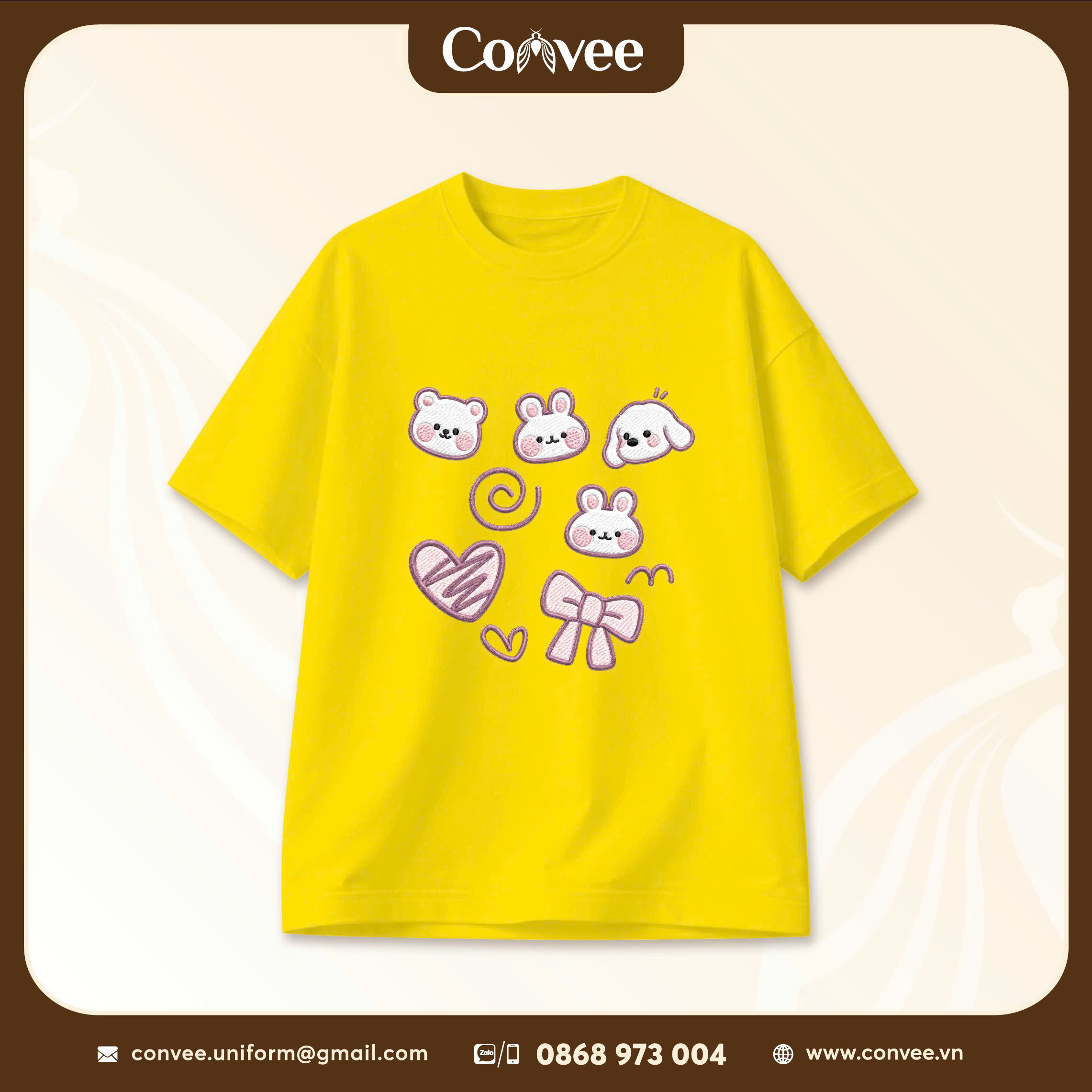 ÁO THUN UNISEX MÀU VÀNG HỌA TIẾT GẤU THỎ CUTE PHONG CÁCH HÀN QUỐC