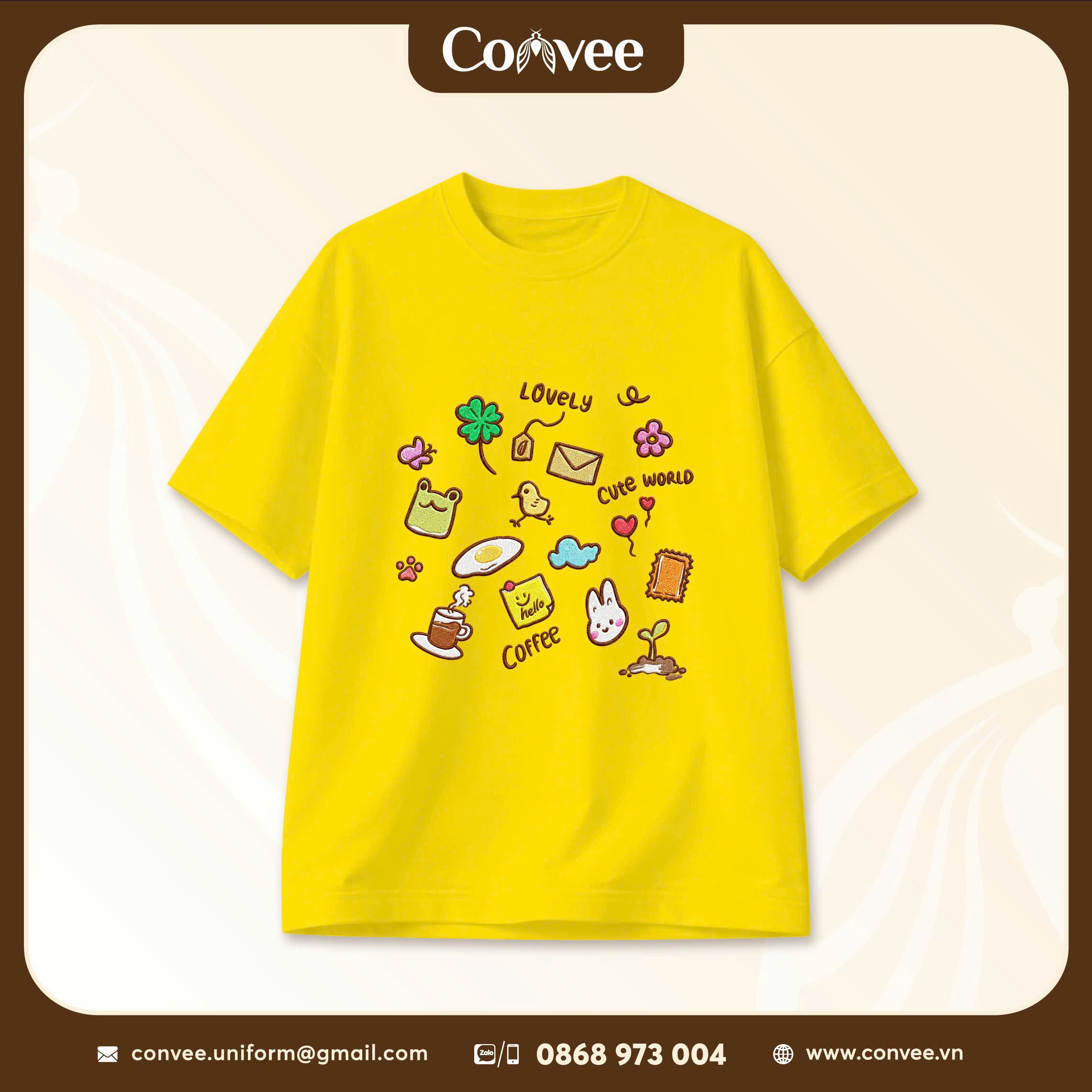 ÁO THUN UNISEX MÀU VÀNG IN HỌA TIẾT CUTE LOVELY FORM RỘNG CAO CẤP