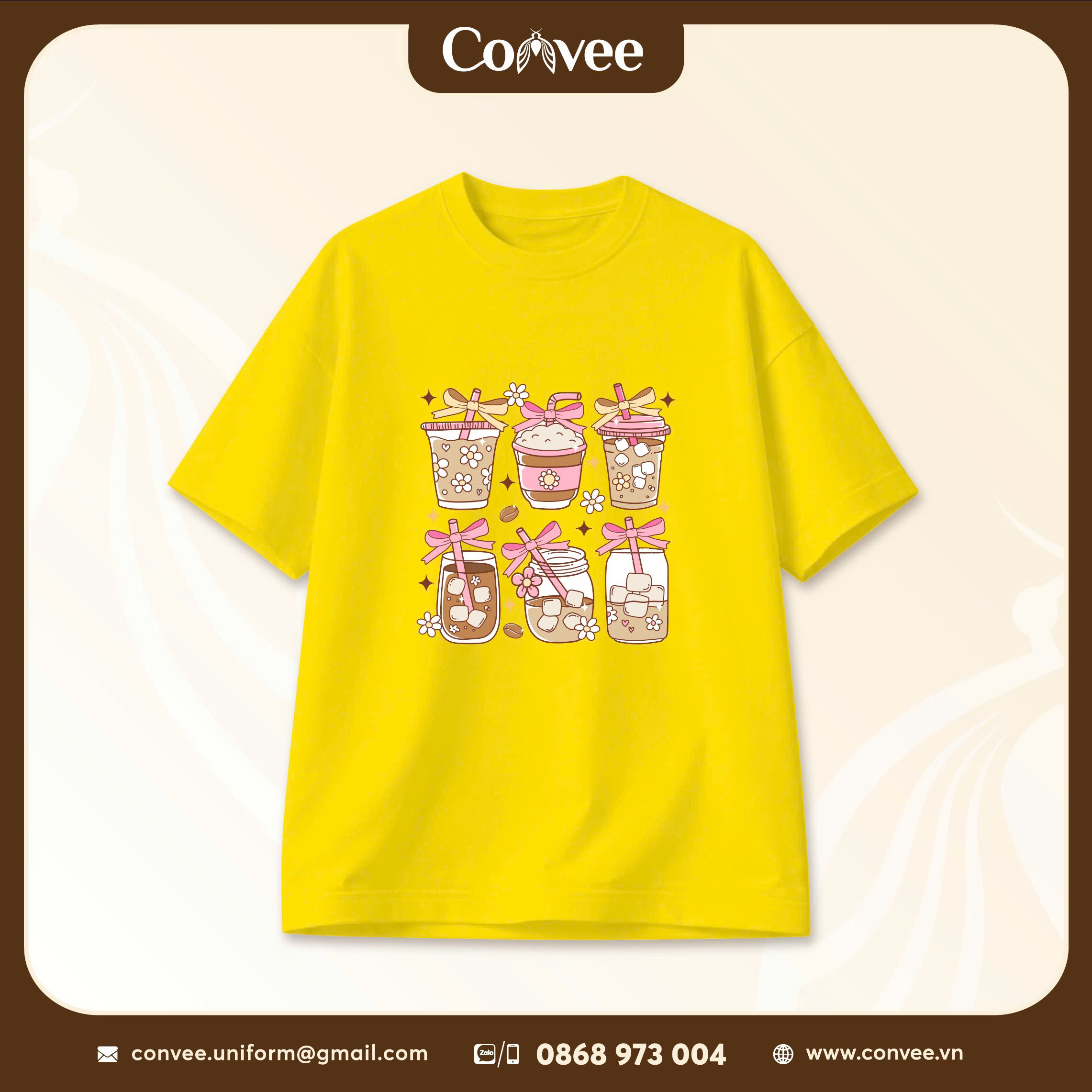 ÁO THUN MÀU VÀNG IN HÌNH LY TRÀ SỮA CUTE PHONG CÁCH KAWAII