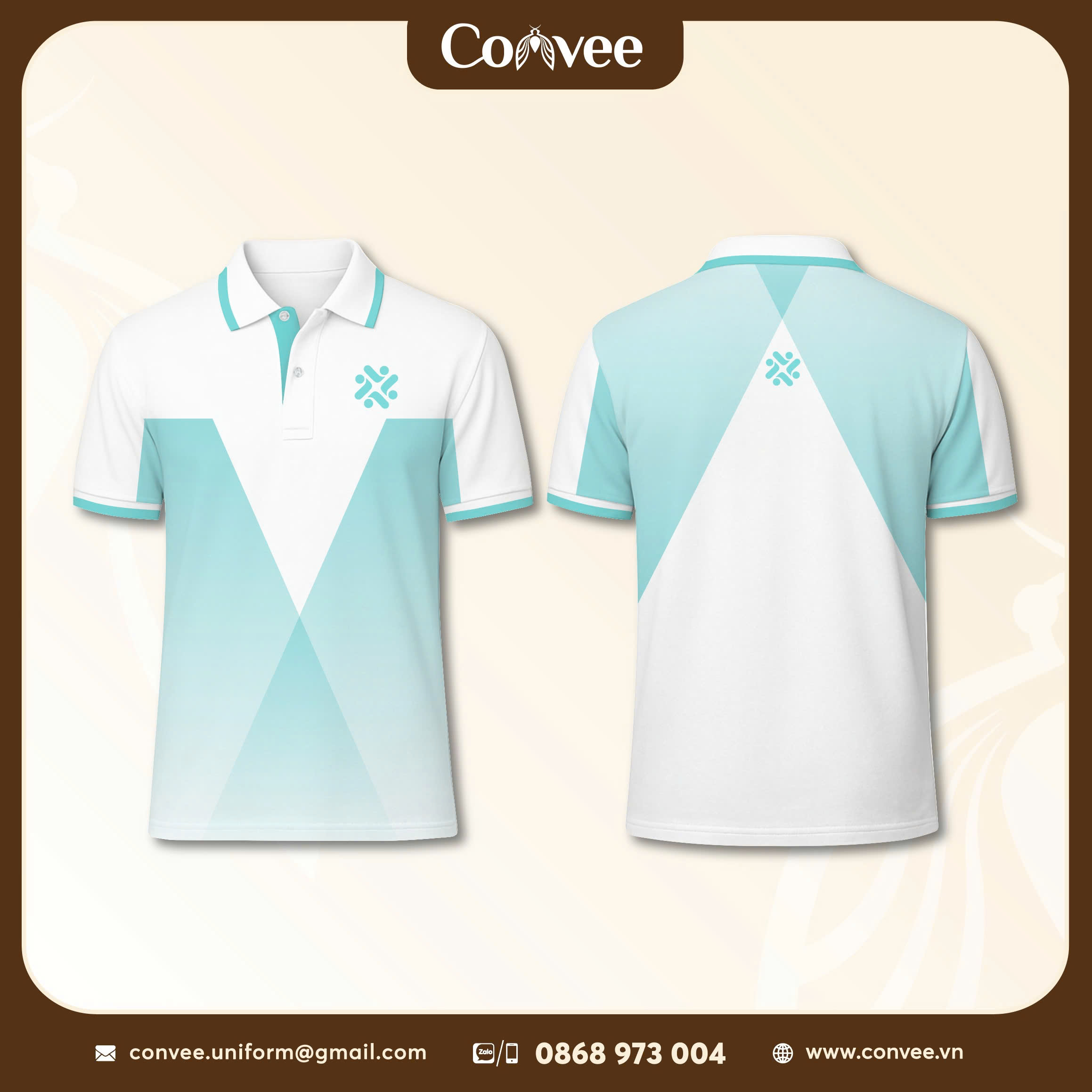 ÁO POLO ĐỒNG PHỤC TRẮNG PHỐI XANH MINT IN CHUYỂN NHIỆT 3D CAO CẤP
