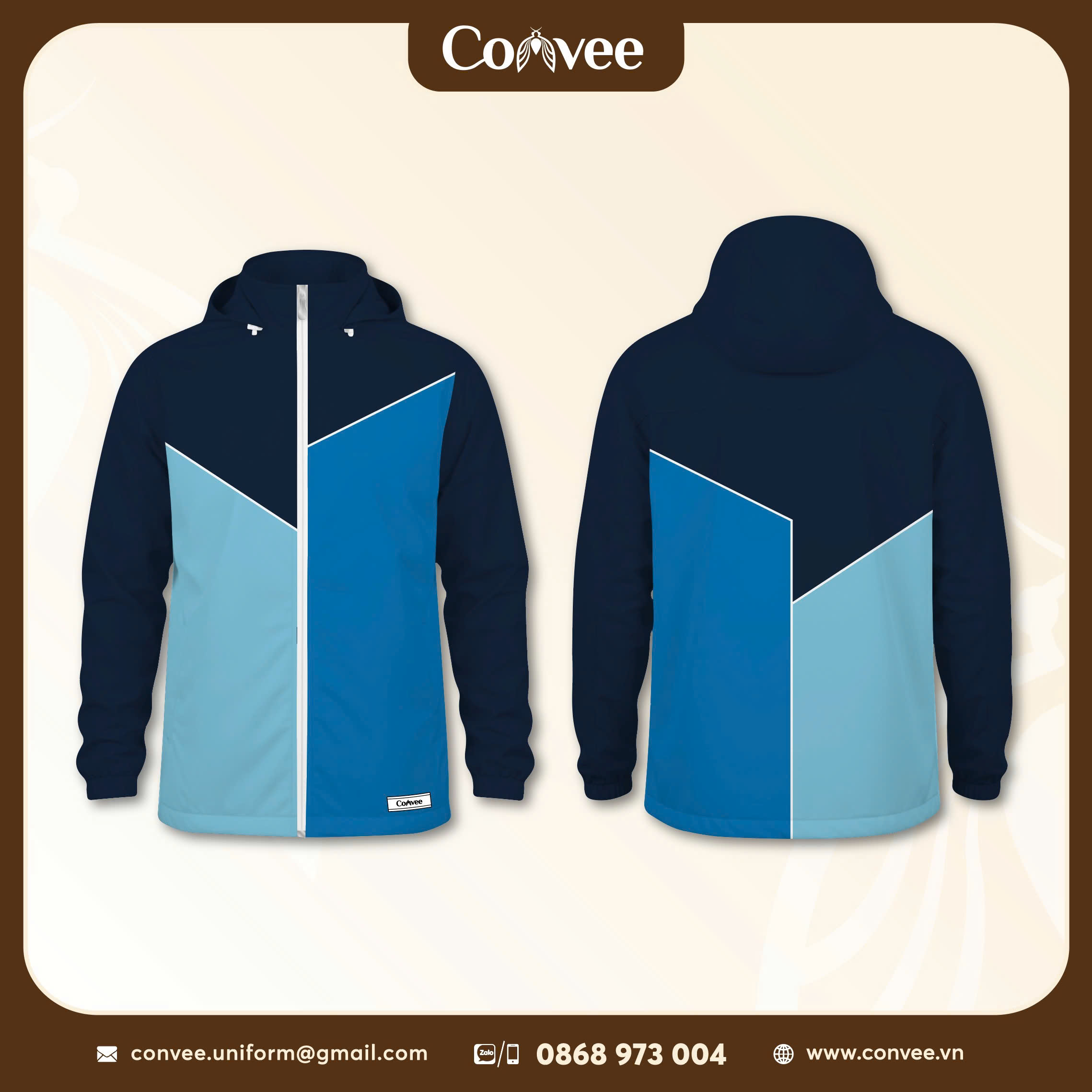 ÁO KHOÁC ĐỒNG PHỤC CÓ NÓN PHỐI MÀU XANH NAVY CAO CẤP CONVEE