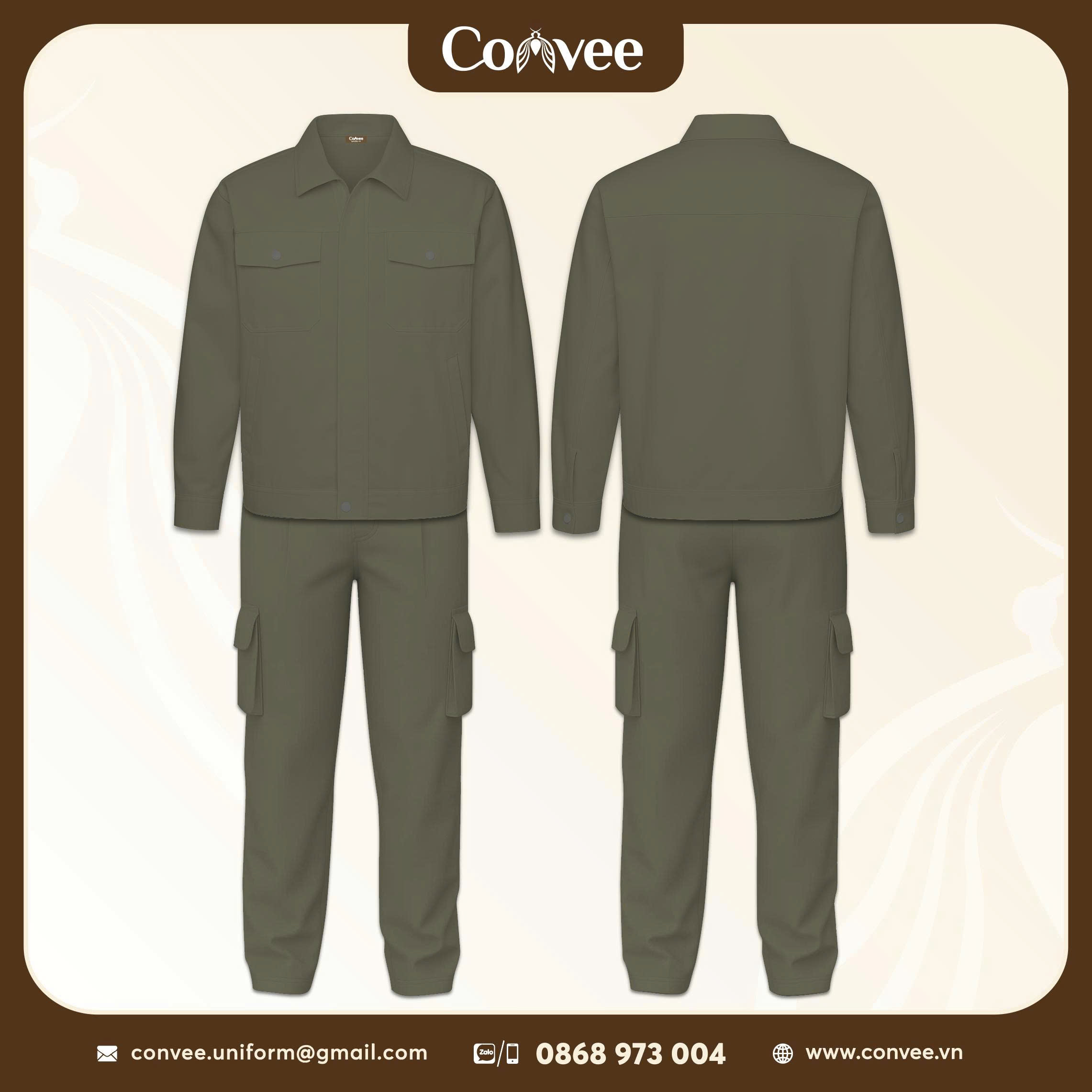 QUẦN ÁO BẢO HỘ LAO ĐỘNG MÀU RÊU CAO CẤP CONVEE