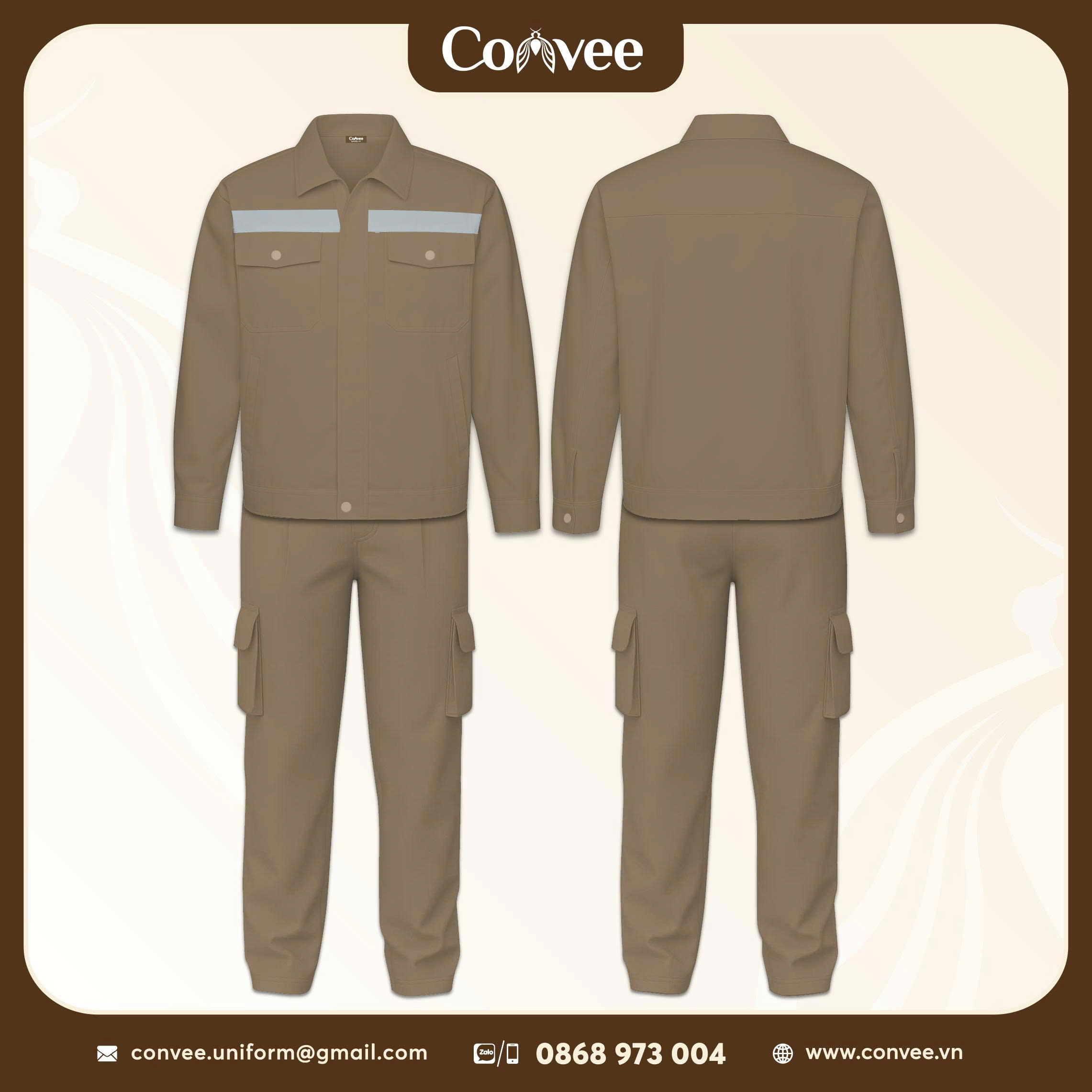 QUẦN ÁO BẢO HỘ LAO ĐỘNG MÀU KAKI PHỐI PHẢN QUANG CAO CẤP