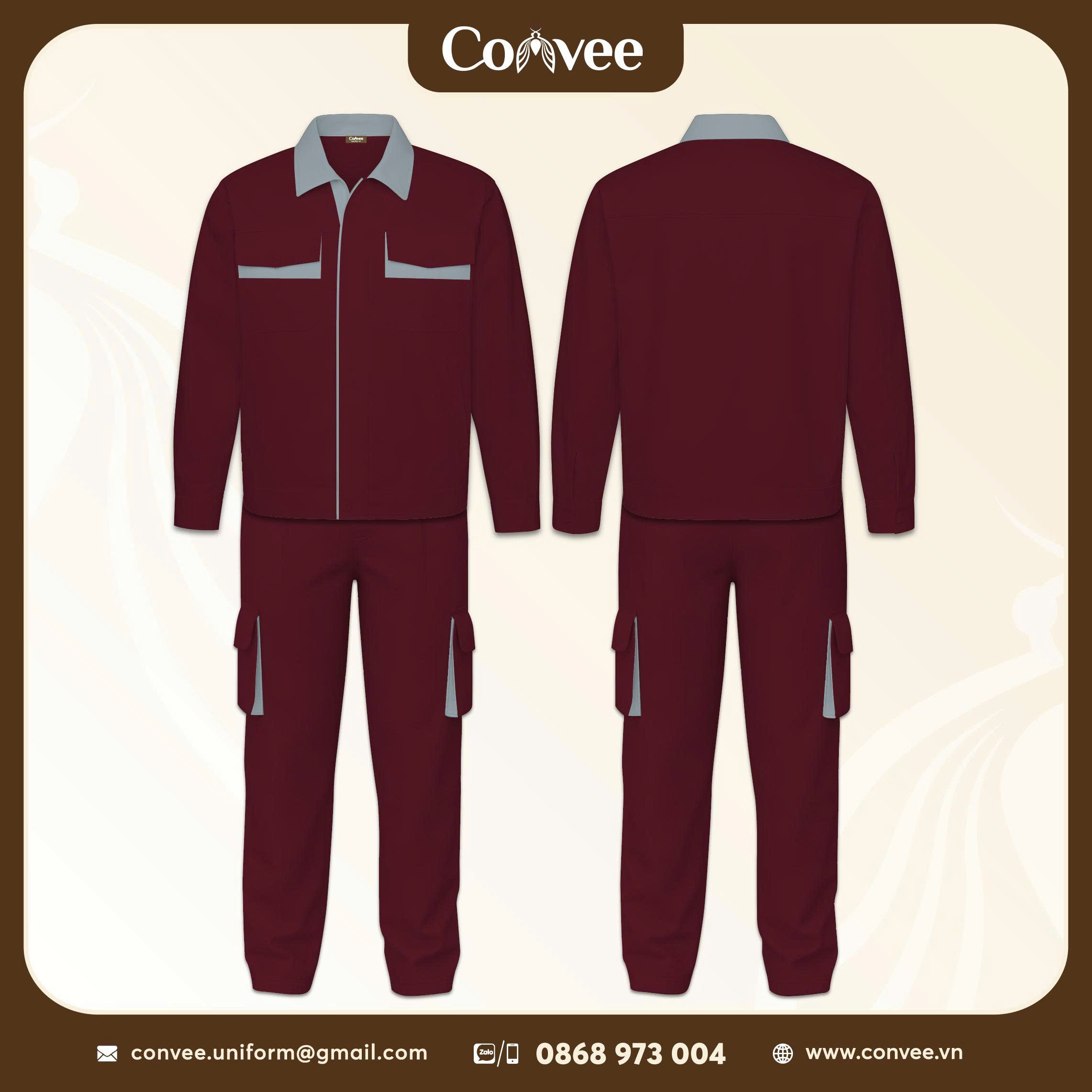 QUẦN ÁO BẢO HỘ LAO ĐỘNG MÀU ĐỎ ĐÔ PHỐI XÁM CAO CẤP CONVEE