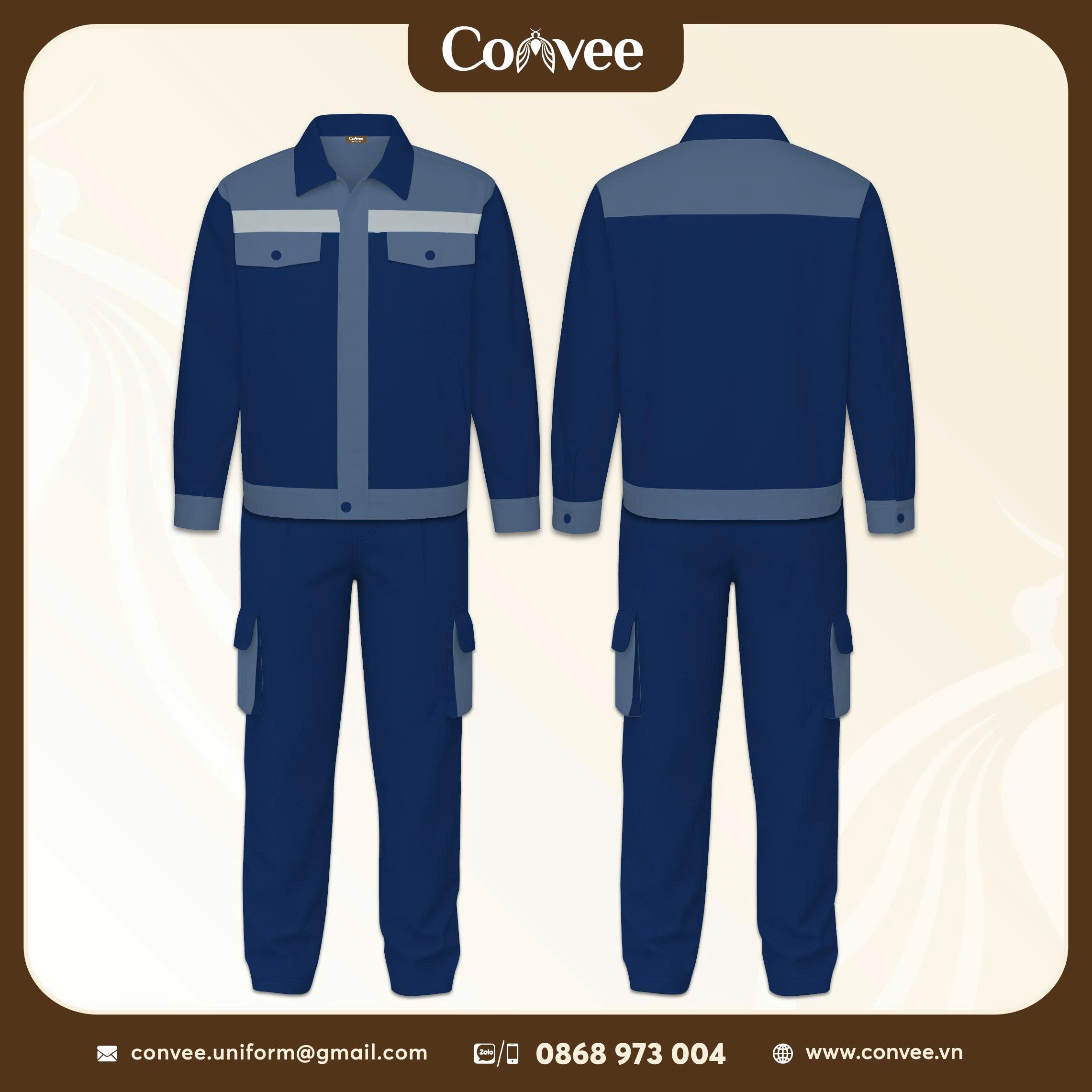QUẦN ÁO BẢO HỘ LAO ĐỘNG MÀU XANH ĐEN PHỐI XÁM PHẢN QUANG CAO CẤP CONVEE